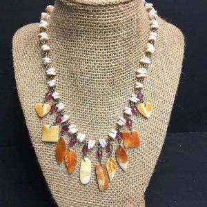 MOP Necklace Golden Shell Transluscent Purple Bead Leaf Heart Oval Retro BoHo